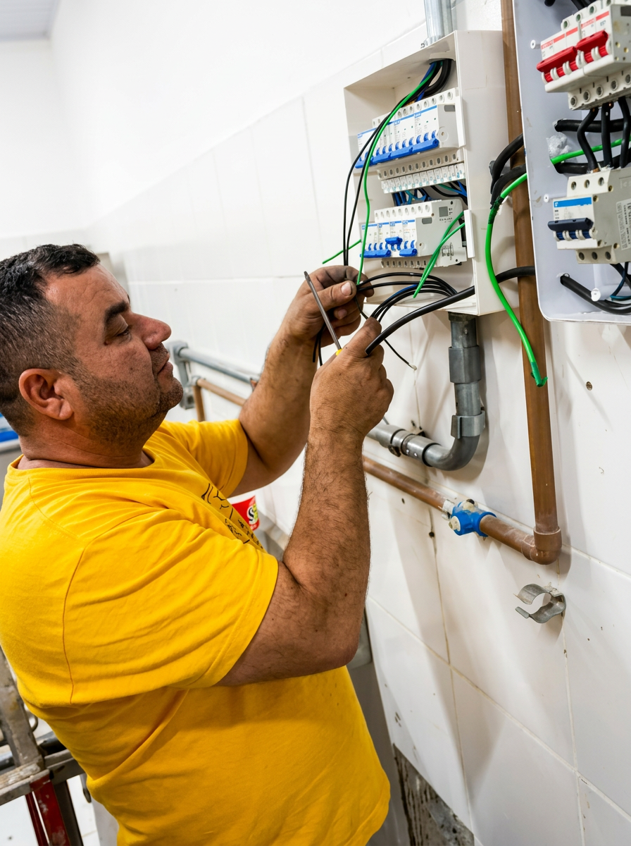 Eletricista da JR Eletricista realizando manutenção em painel elétrico